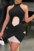 Черное модное сексуальное лоскутное платье без рукавов с открытой спиной и круглым вырезом