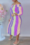 Фиолетовое модное повседневное длинное платье в полоску с открытыми плечами