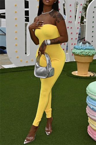 Yellow Sexy Casual Solid Backless Strapless Skinny Jumpsuits