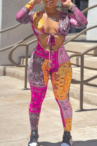 Orange Fashion Sexy Print Bandage Hollowed Out V Neck Skinny Jumpsuits