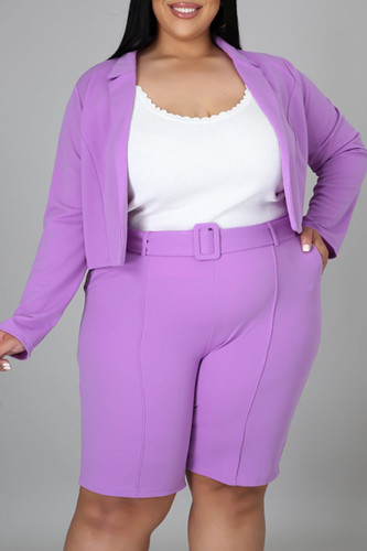 Purple Casual Solid Patchwork Turn-back Collar Plus Size Two Pieces