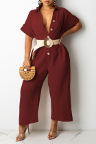 Burgundy Casual Solid Patchwork Turndown Collar Straight Jumpsuits(Without Belt)