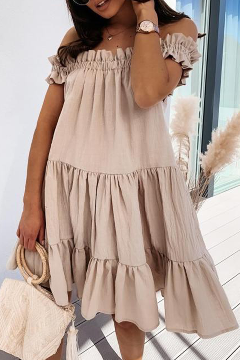 

Khaki Sweet Solid Patchwork Flounce Off the Shoulder Cake Skirt Dresses