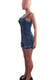 The cowboy blue Casual Solid Tassel Patchwork Buckle Spaghetti Strap Regular Rompers