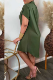 Зеленое повседневное однотонное платье-рубашка в стиле пэчворк с отложным воротником Платья Платья