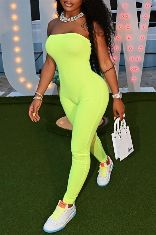 Macacão skinny verde fluorescente sexy casual sólido sem costas sem alças