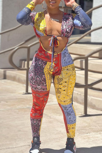 Yellow Fashion Sexy Print Bandage Hollowed Out V Neck Skinny Jumpsuits