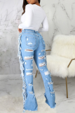 Jeans jeans azul bebê casual sólido rasgado cintura média com corte de bota