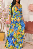 Многоцветное модное повседневное длинное платье с V-образным вырезом и принтом