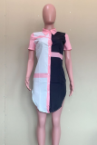 Розовое повседневное однотонное платье-рубашка в стиле пэчворк с отложным воротником Платья Платья
