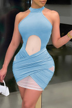 Синее модное сексуальное лоскутное платье без рукавов с открытой спиной и круглым вырезом