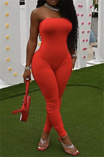 Orange Sexy Casual Solid Backless Strapless Skinny Jumpsuits