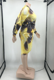 Brown Sexy Print Hollowed Out V Neck Pencil Skirt Plus Size Dresses