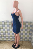 Diepblauwe mode sexy gestippelde rugloze denim jurk met spaghettibandjes