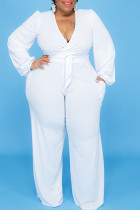 White Casual Solid Bandage Patchwork V Neck Plus Size Two Pieces