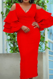 Rode mode effen uitgeholde spleet V-hals lange jurk
