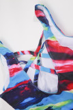 Costumi da bagno taglie forti con scollo a U patchwork con stampa casual rosso blu
