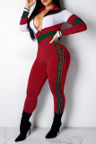 Red Casual Solid Patchwork Turndown Collar Skinny Jumpsuits
