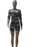 Camouflag Gray Street Camouflage Print Patchwork Half A Turtleneck Skinny Rompers