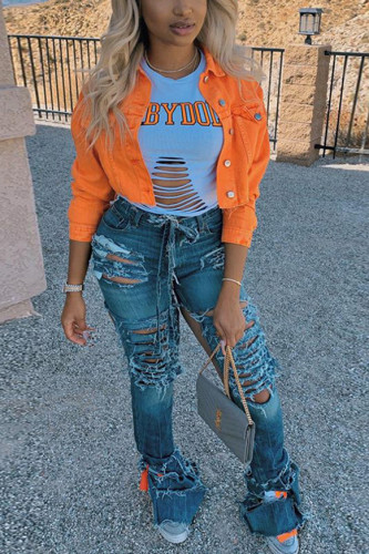 Giacca di jeans tinta unita arancione Street Style (solo giacca)