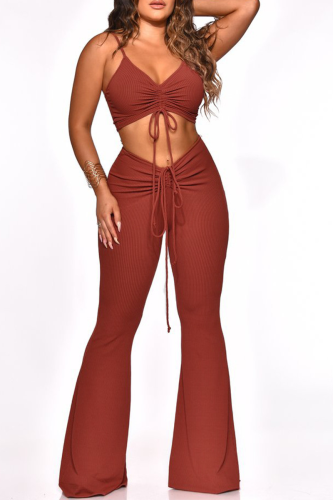 Red Sexy Solid Spaghetti Strap Sleeveless Two Pieces