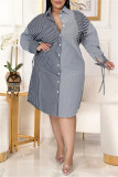 Ljusblå mode Casual Plus Size randigt tryck utan bälte Turndown krage skjortklänning