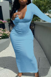 ブルー カジュアル ソリッド パッチワーク 非対称襟 ストレート ドレス