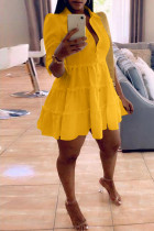 Желтое модное повседневное однотонное платье-рубашка с отложным воротником