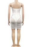 White Sexy Solid Patchwork See-through Fold Spaghetti Strap Pencil Skirt Dresses