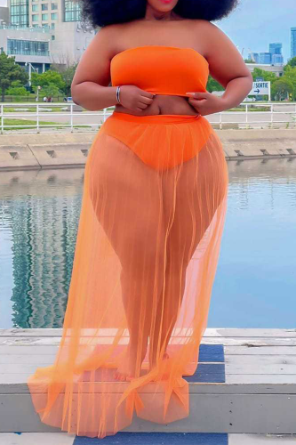 Tangerine Red Sexy Solid See-through Mesh Swimwears Cover Up