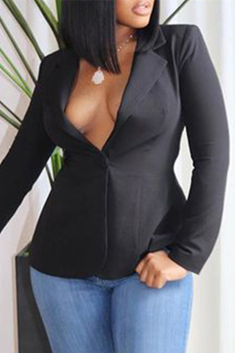 Black Fashion Casual Solid Bandage Backless Turndown Collar Outerwear