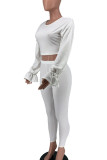 White Casual Solid Patchwork Frenulum O Neck Long Sleeve Two Pieces