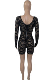 Black Sexy Solid Lace Hollowed Out Fold V Neck Regular Jumpsuits