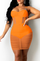 Orange Sexy Solid Patchwork See-through Fold Spaghetti Strap Pencil Skirt Dresses
