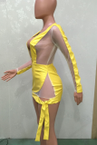 Yellow Sexy Solid Mesh V Neck Irregular Bodycon Mini Dresses