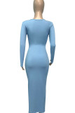 Hemelsblauwe casual effen patchwork rechte jurken met asymmetrische kraag
