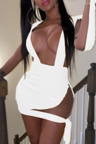 Белое сексуальное сплошное сетчатое платье с V-образным вырезом Нерегулярное платье Платья