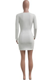 White Casual Solid Patchwork V Neck A Line Dresses