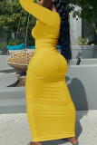 Gele casual effen patchwork rechte jurken met asymmetrische kraag