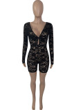 Black Sexy Solid Lace Hollowed Out Fold V Neck Regular Rompers