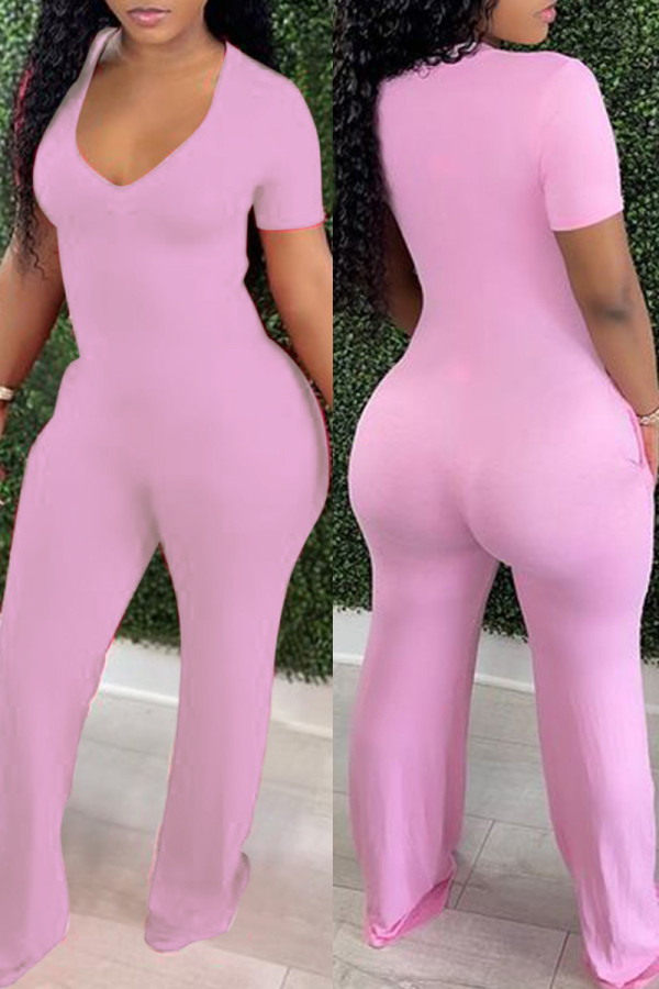 ピンク ファッション カジュアル ソリッド ベーシック Vネック スキニー ジャンプスーツ