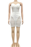 ホワイト セクシー ソリッド パッチワーク シースルー フォールド スパゲッティ ストラップ ペンシル スカート ドレス