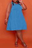 Синие повседневные однотонные лоскутные платья с круглым вырезом и длинными рукавами больших размеров