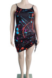 Zwarte casual print patchwork trekkoord asymmetrische spaghettibandjes sling-jurk Grote maten jurken