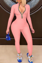 ピンクカジュアルソリッドパッチワークジッパーカラースキニージャンプスーツ