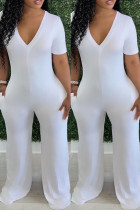 Weiße, modische, lässige, solide Basic-Skinny-Overalls mit V-Ausschnitt