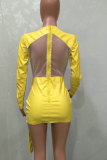 Yellow Sexy Solid Mesh V Neck Irregular Dress Dresses