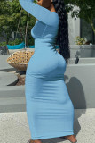 Blaue, lässige, solide Patchwork-Kleider mit asymmetrischem Kragen und geradem Schnitt