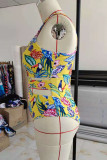 Colour Fashion Sexy Print Hollowed Out Patchwork O Neck Plus Size Swimwear