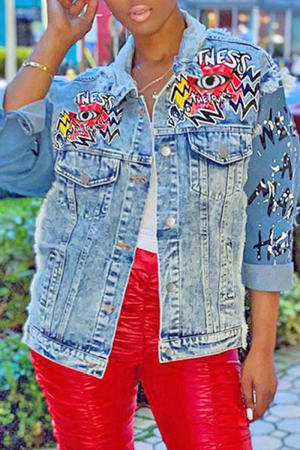 Blue Casual Print Patchwork Turndown Collar Straight Denim Jacket